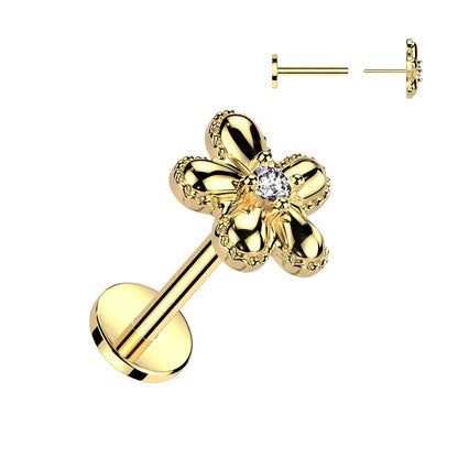 Surgical Steel Threadless Flower Top with CZ Middle Labret Combo