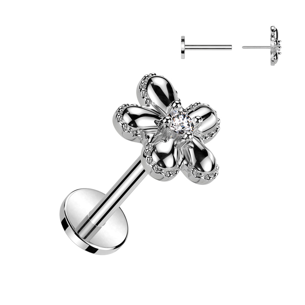 Surgical Steel Threadless Flower Top with CZ Middle Labret Combo