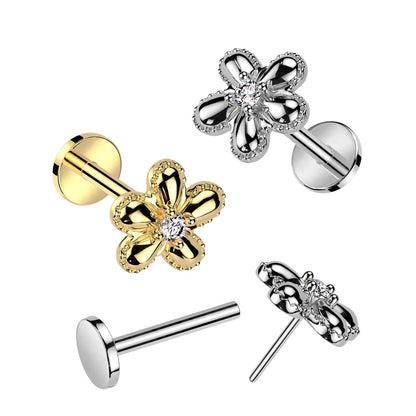 Surgical Steel Threadless Flower Top with CZ Middle Labret Combo