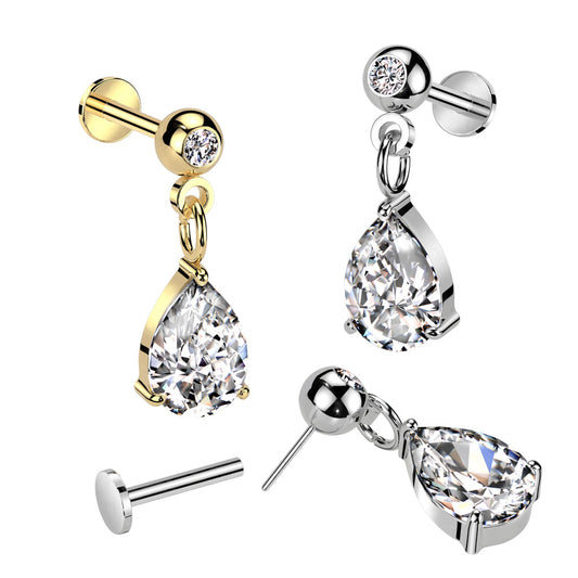 Surgical Steel Threadless CZ Stud with Pear CZ Dangle Top Labret Combo