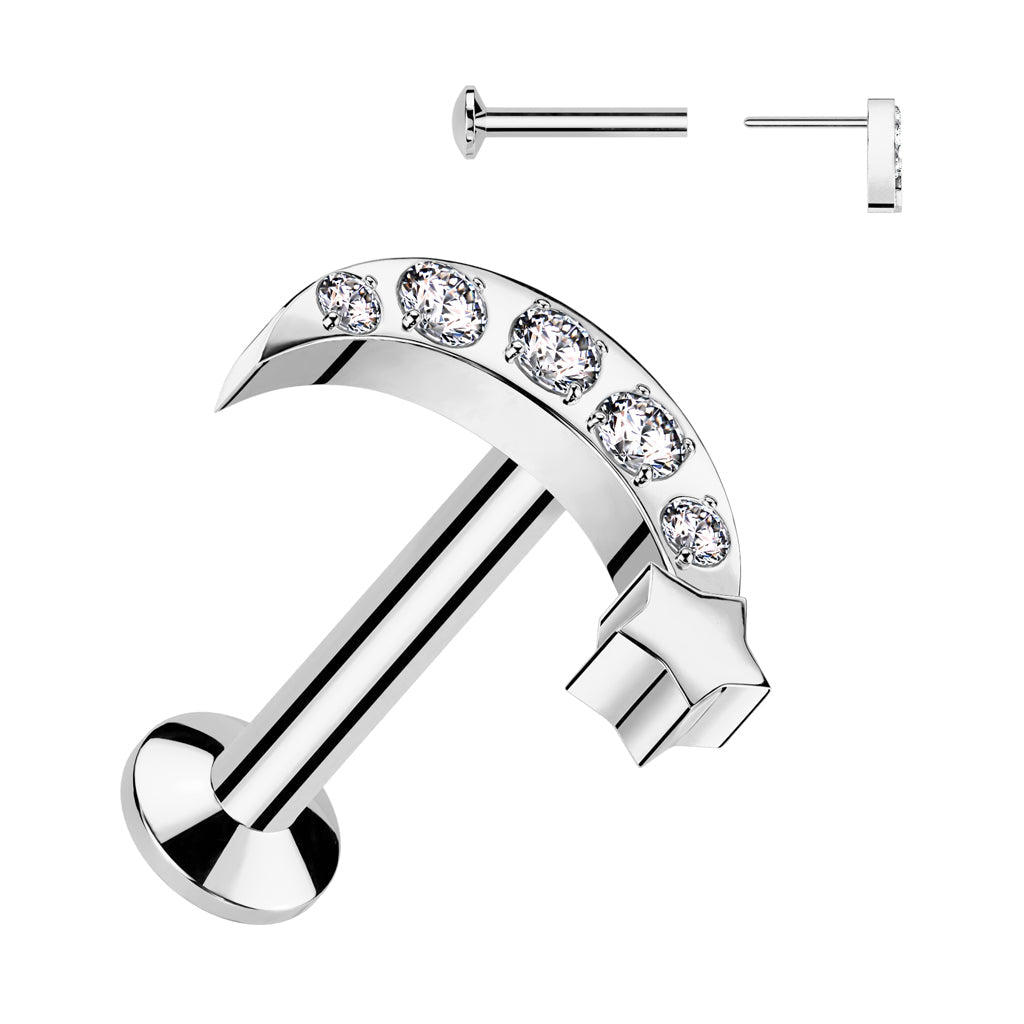 Surgical Steel Threadless CNC CZ Moon with Star Top Labret Combo