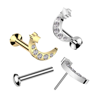 Surgical Steel Threadless CNC CZ Moon with Star Top Labret Combo