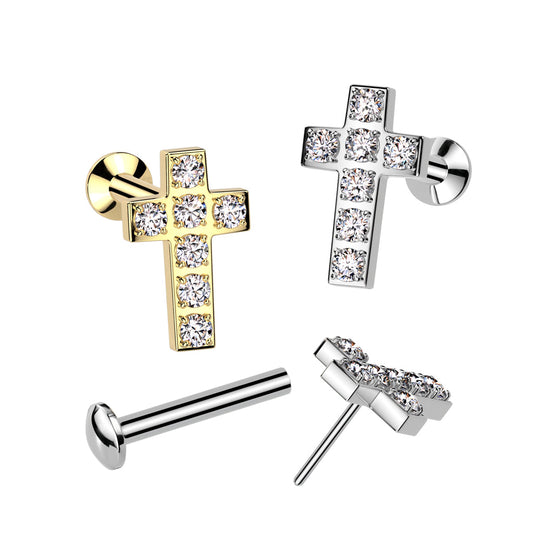 Surgical Steel Threadless CNC CZ Cross Top Labret Combo