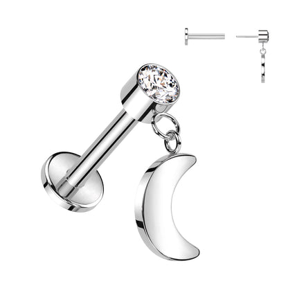 Threadless Titanium Round Bezel with Dangle Crescent Moon Labret Combo