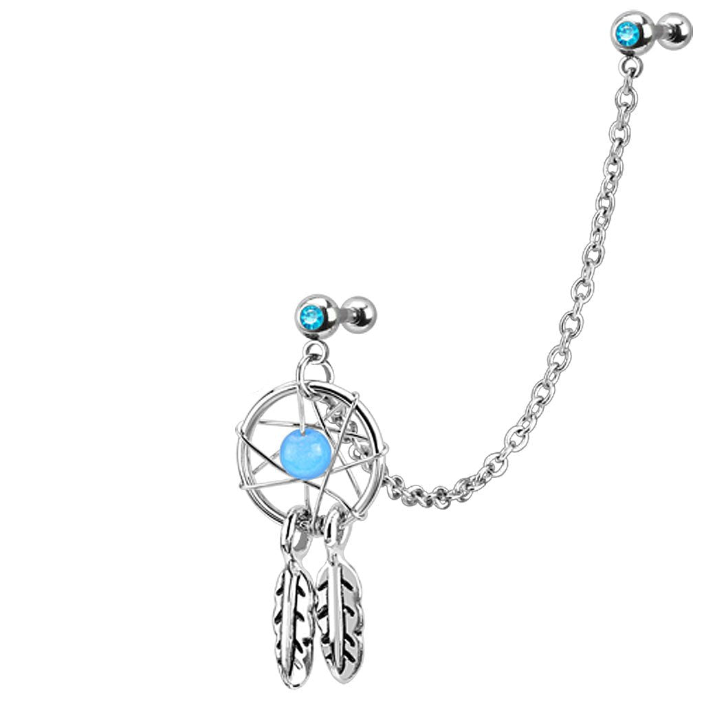 Surgical Steel Gemmed Dreamcatcher Cartilage Barbell Stud with Chain