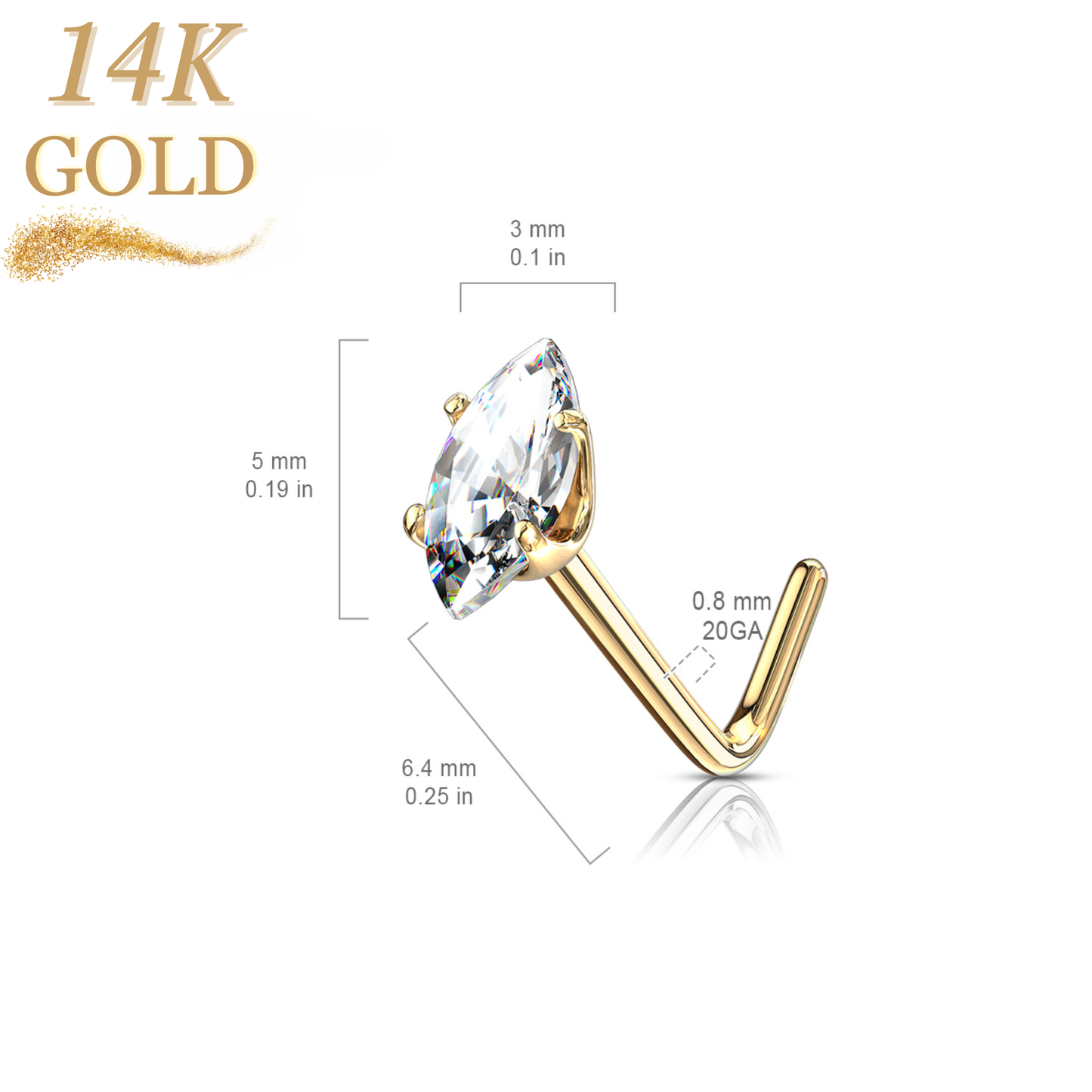 14K Gold L Bend Nostril Stud with Prong Bezel Set Marquise