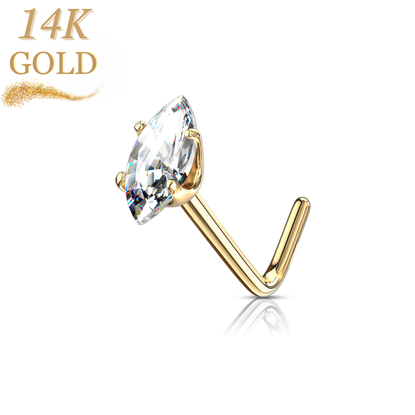 14K Gold L Bend Nostril Stud with Prong Bezel Set Marquise