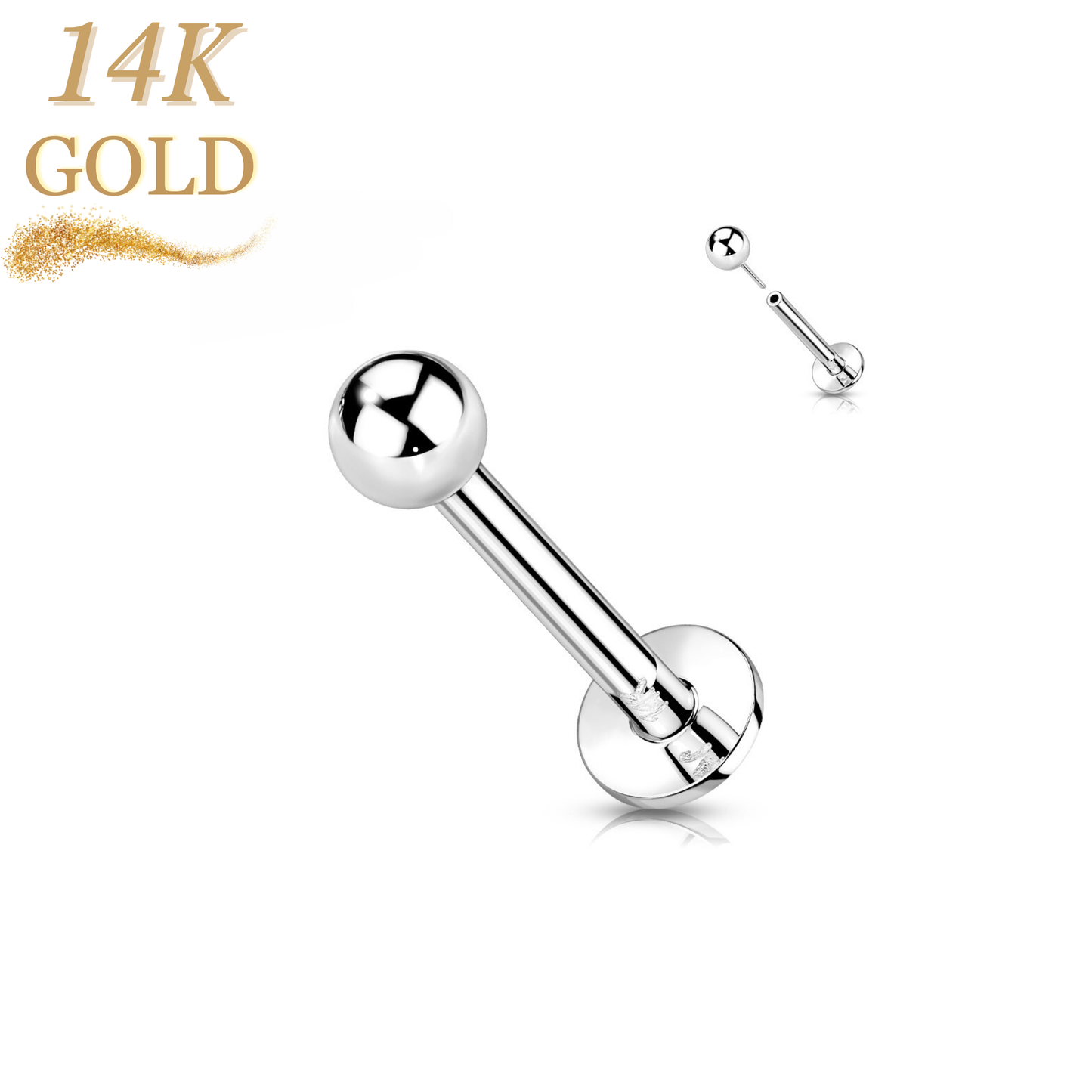 14K Solid Gold Threadless Labret Combo with Plain Ball Top