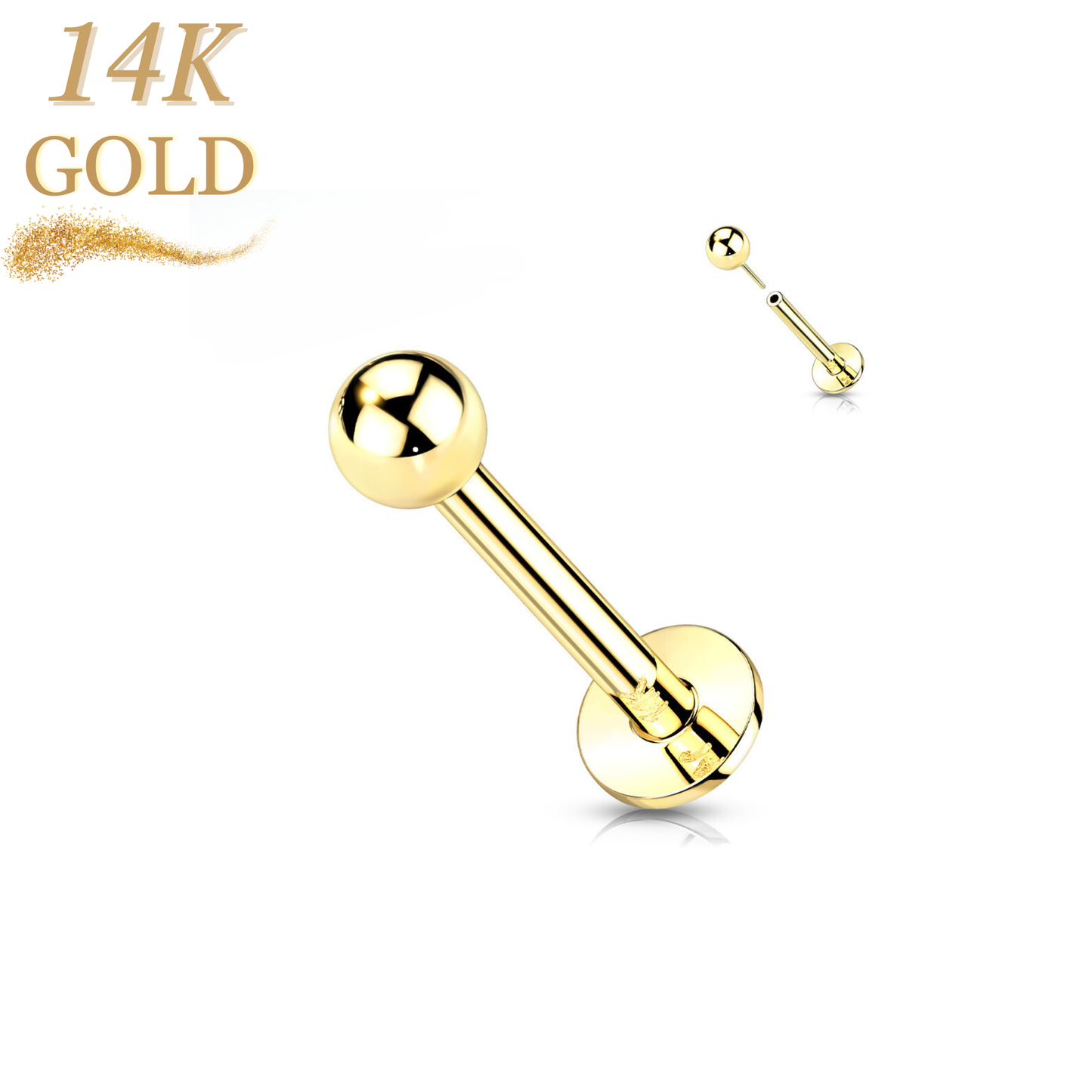 14K Solid Gold Threadless Labret Combo with Plain Ball Top