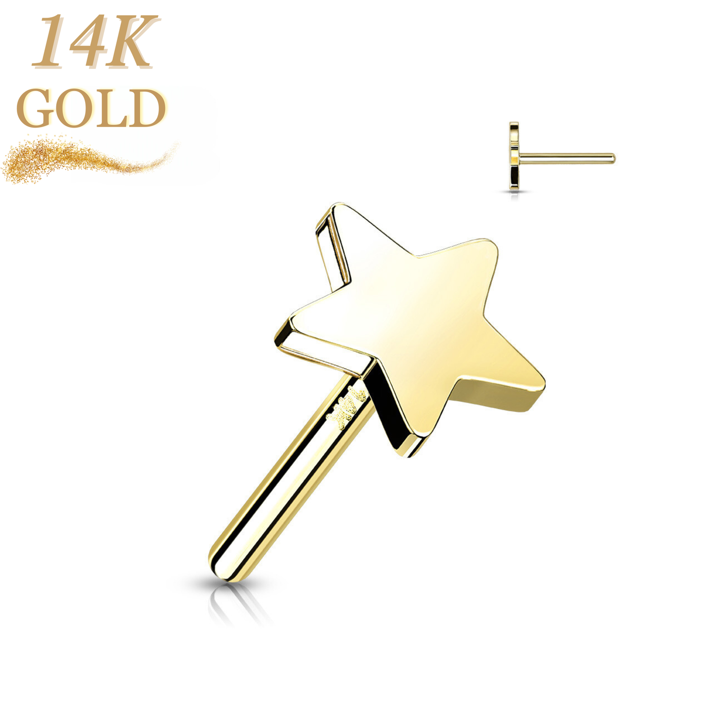 14K Solid Gold Threadless Push In Flat Star - Top Only