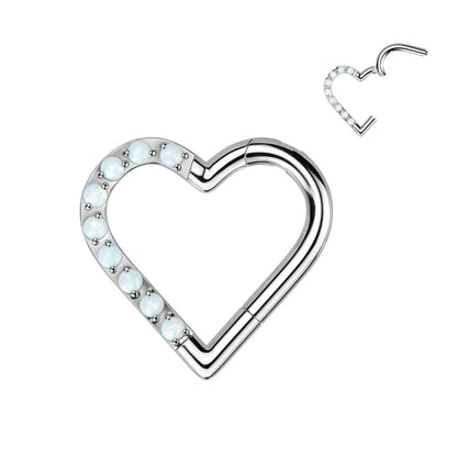 Titanium Hinged Half Paved Heart Ring with Gems for Left and Right Ear