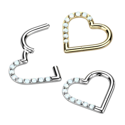 Titanium Hinged Half Paved Heart Ring with Gems for Left and Right Ear