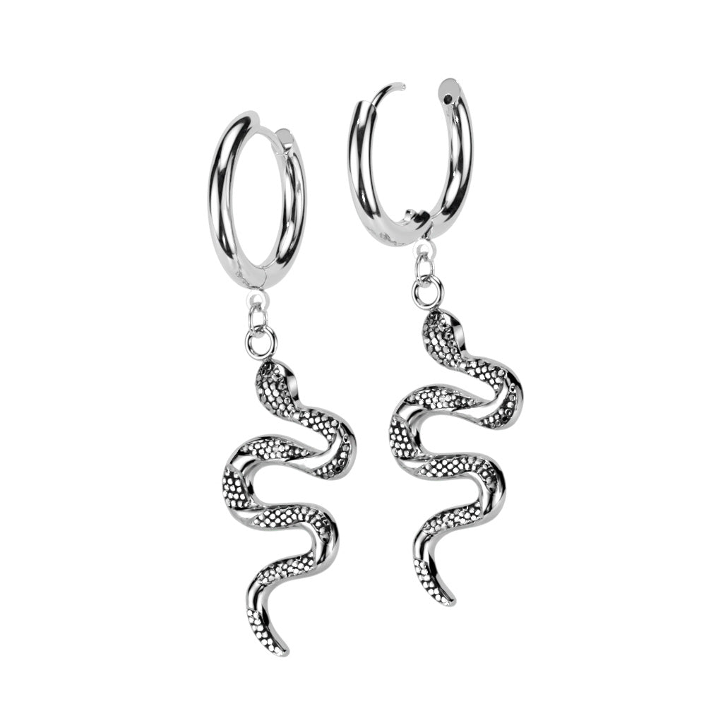 Surgical Steel Hoop Earrings with Snake Dangle