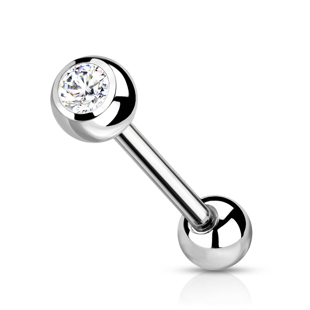 Tongue Titanium Barbell with One Bezel Gem and One Fixed Ball External Thread