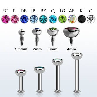 Extra short Surgical Steel 16G Labret with Bezel Gem Low Profile Tops Internal Thread