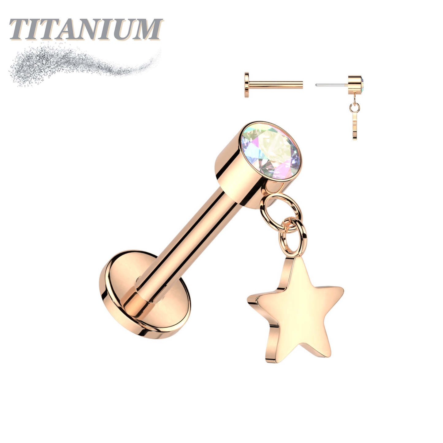 Threadless Titanium Round Bezel with Dangle Star Labret Combo