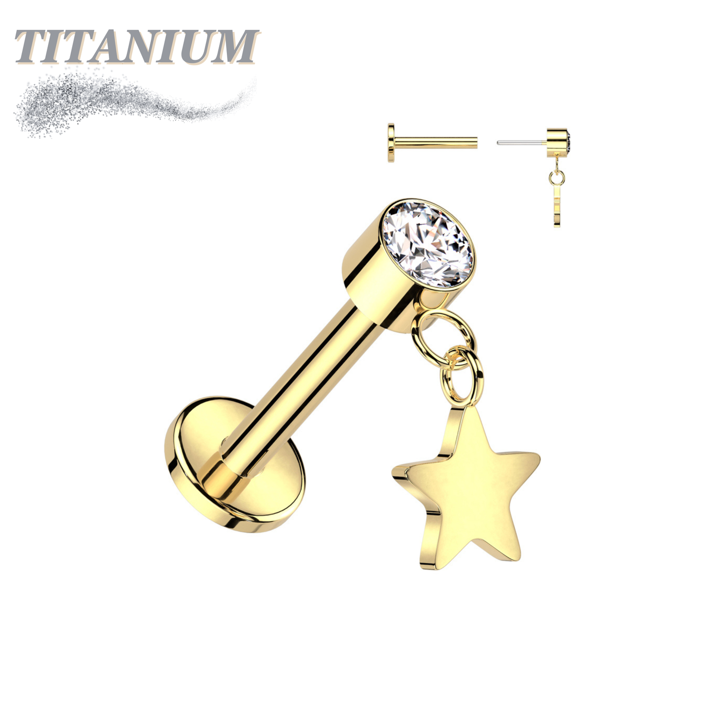 Threadless Titanium Round Bezel with Dangle Star Labret Combo