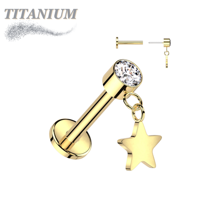 Threadless Titanium Round Bezel with Dangle Star Labret Combo