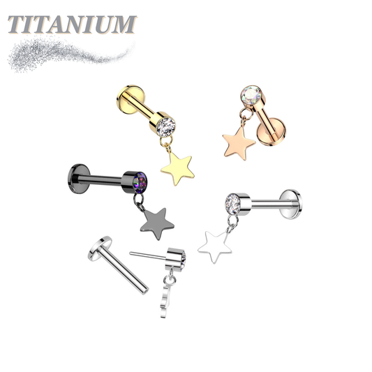 Threadless Titanium Round Bezel with Dangle Star Labret Combo