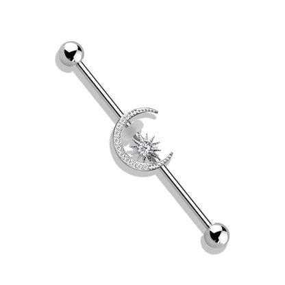 Surgical Steel Industrial Barbell with CZ Paved Moon and Center Star External Thread