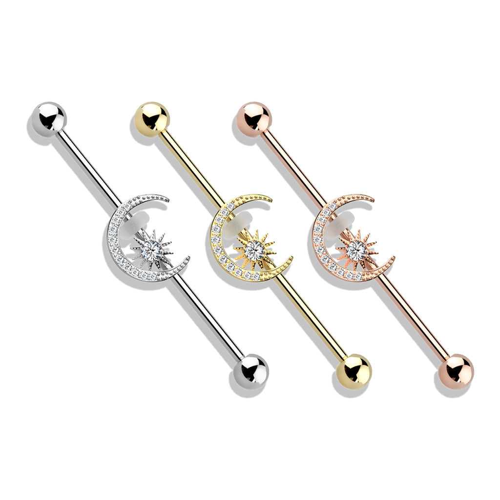 Surgical Steel Industrial Barbell with CZ Paved Moon and Center Star External Thread