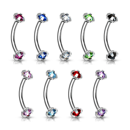 Surgical Steel Curved Barbells with Prong Gem Ends Internal Threading