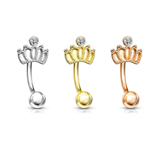 Surgical Steel Curved Barbell with Crown Crystal Feature External Thread