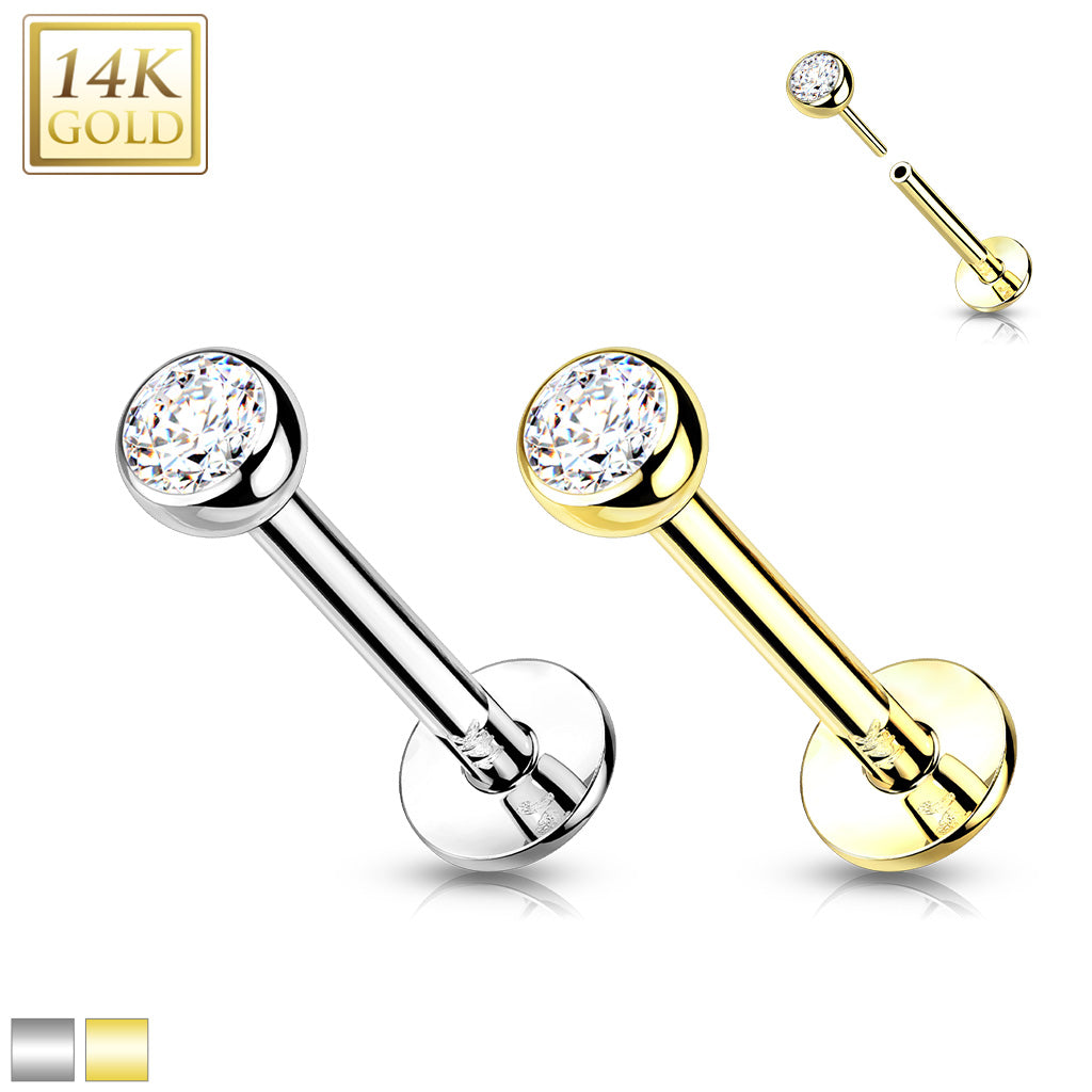 14K Gold Threadless Labret Combo with Bezel CZ Top