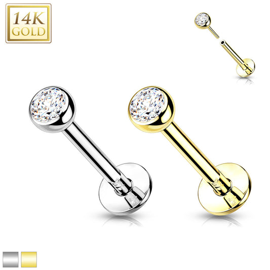 14K Gold Threadless Labret Combo with Bezel CZ Top