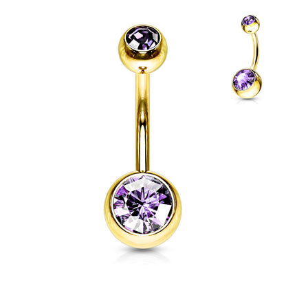 Gold Plated over Surgical Steel Double Jewel Belly Ring External Thread