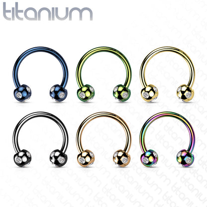 Colored Horseshoe Circular Barbell with 5-Gem Paved Crystal Balls External Thread