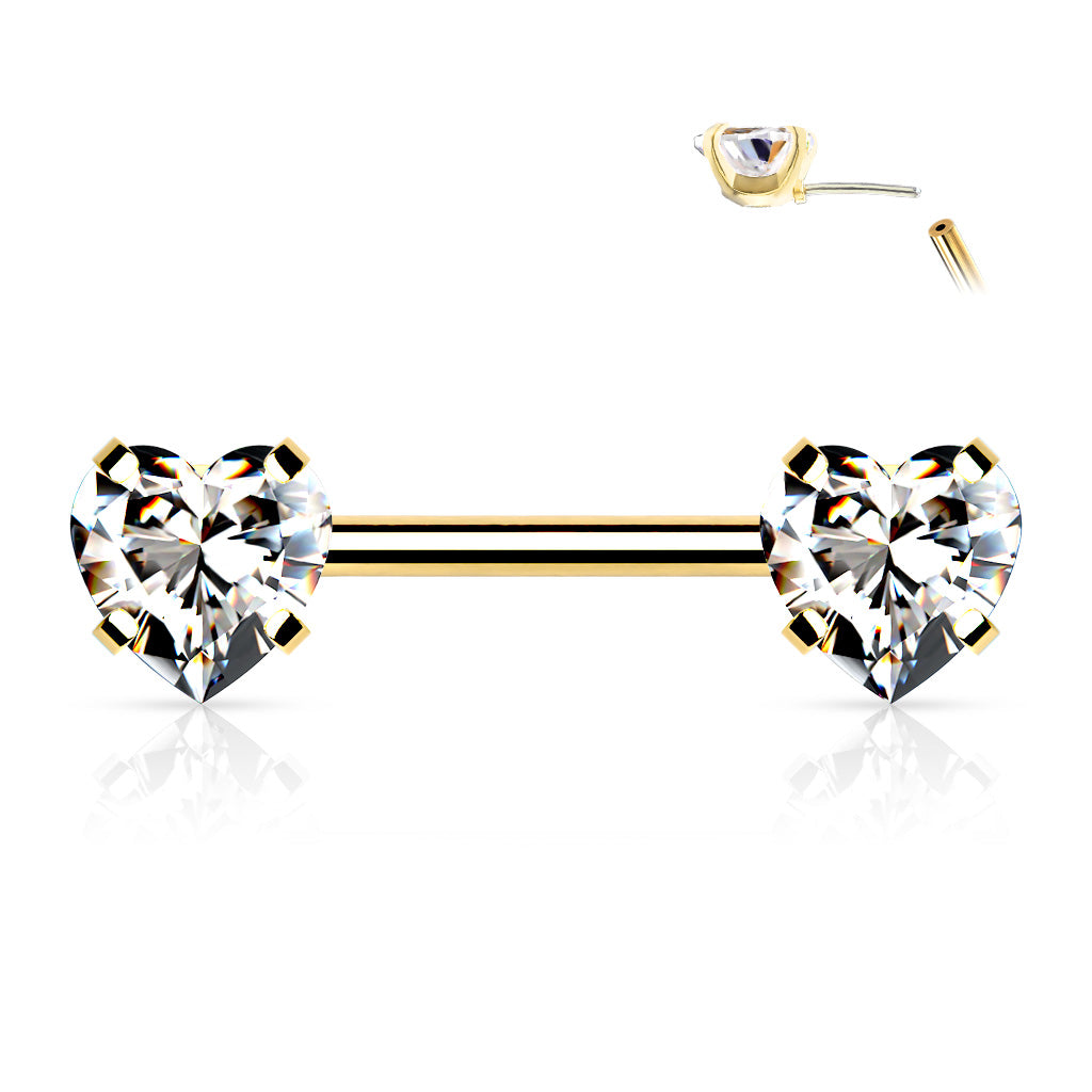 Threadless Surgical Steel Nipple Barbell Combo with Heart Gem Ends
