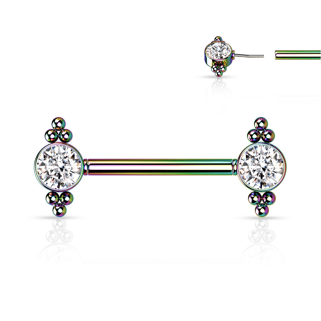 Surgical Steel Threadless Nipple Bar with CZ and Ball Cluster Ends