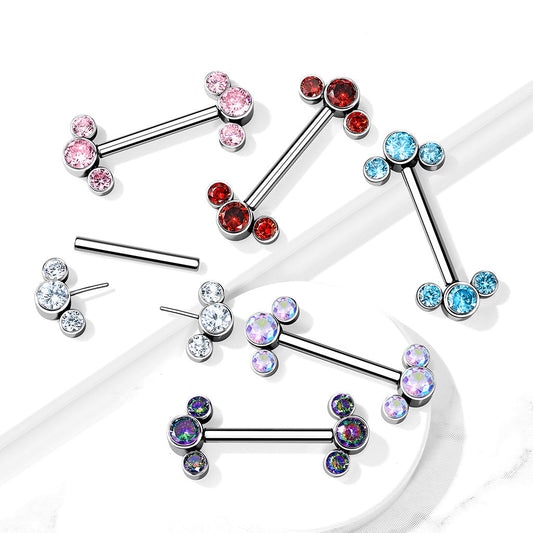 Threadless Titanium Nipple Barbell with 3 Bezel Set CZ Curved Ends