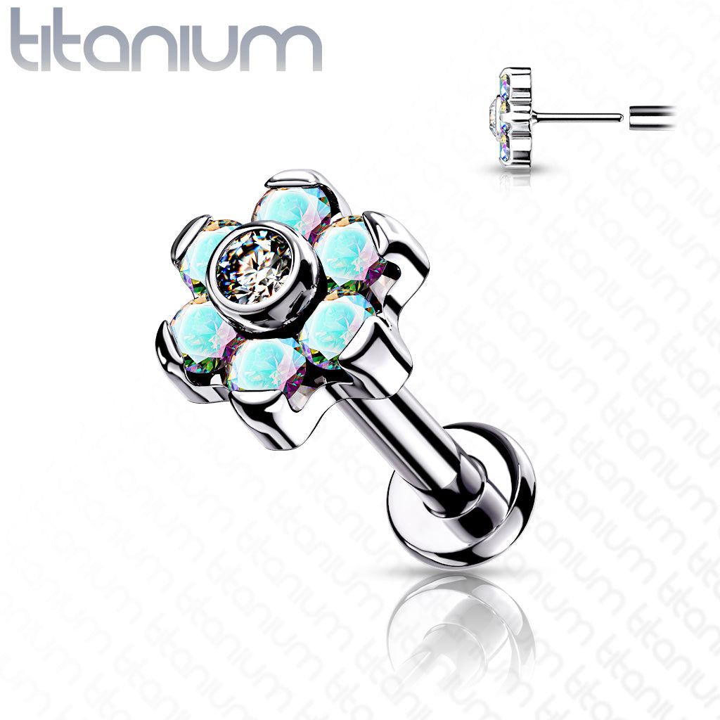 Threadless Pushpin Titanium Flat Back Labret Combo with CZ Flower Top