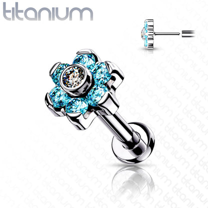 Threadless Pushpin Titanium Flat Back Labret Combo with CZ Flower Top