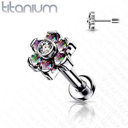 Threadless Pushpin Titanium Flat Back Labret Combo with CZ Flower Top