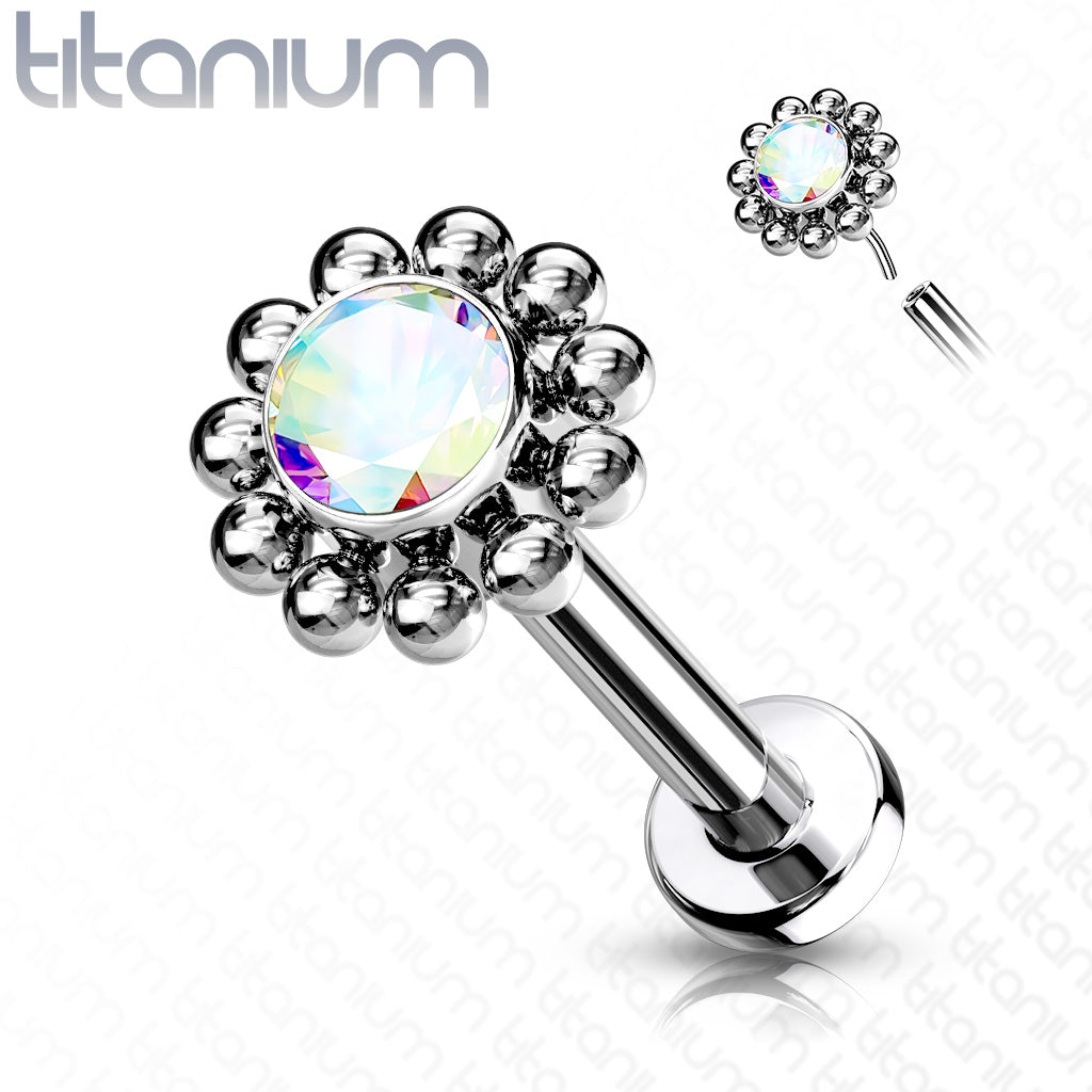 Threadless Pushpin Flower with CZ Centre Surrounded by Micro Balls Titanium Labret Combo