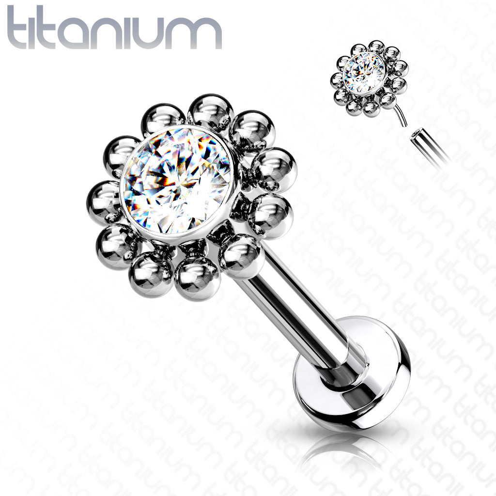 Threadless Pushpin Flower with CZ Centre Surrounded by Micro Balls Titanium Labret Combo