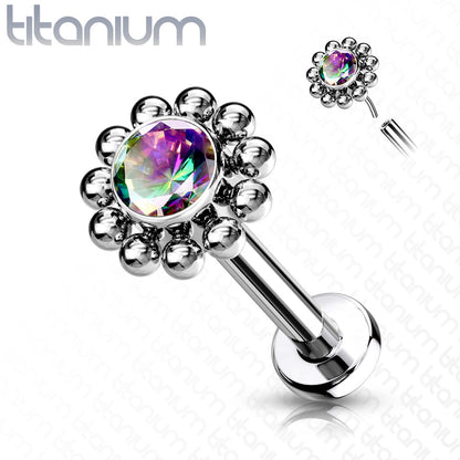 Threadless Pushpin Flower with CZ Centre Surrounded by Micro Balls Titanium Labret Combo