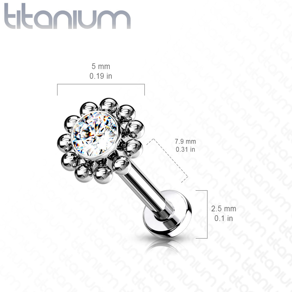 Threadless Pushpin Flower with CZ Centre Surrounded by Micro Balls Titanium Labret Combo