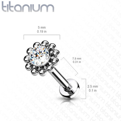 Threadless Pushpin Flower with CZ Centre Surrounded by Micro Balls Titanium Labret Combo