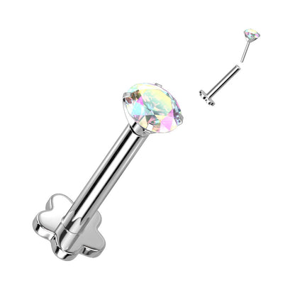 Titanium Threadless Labret Combo with 5 Petal Base and Prong Set CZ Top