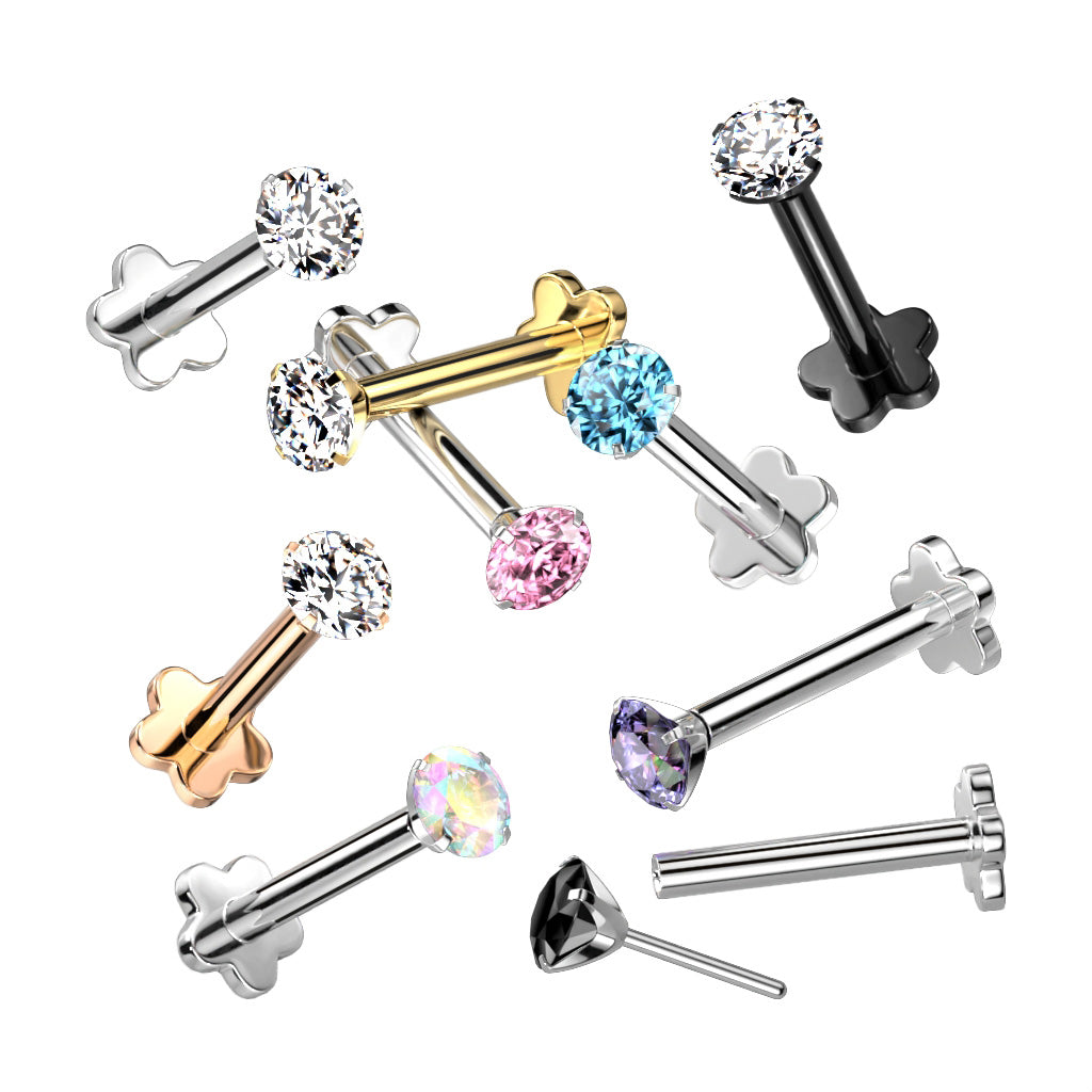 Titanium Threadless Labret Combo with 5 Petal Base and Prong Set CZ Top