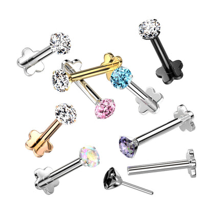 Titanium Threadless Labret Combo with 5 Petal Base and Prong Set CZ Top