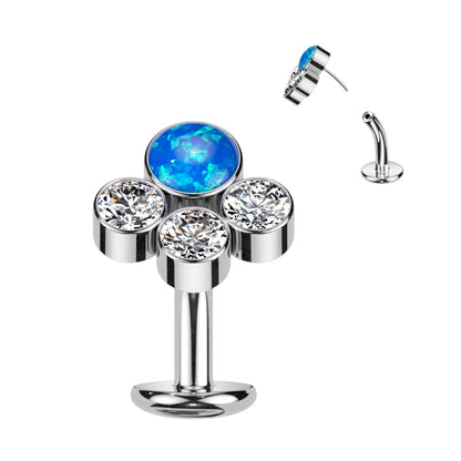 Titanium Threadless Floating Belly Ring with Opal Centre and 3 Bezel CZ Top