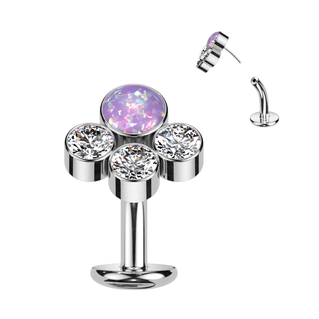Titanium Threadless Floating Belly Ring with Opal Centre and 3 Bezel CZ Top