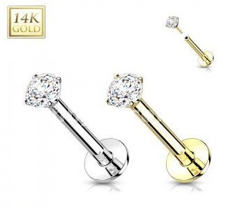 14K Gold Threadless Labret Combo with Prong CZ Top