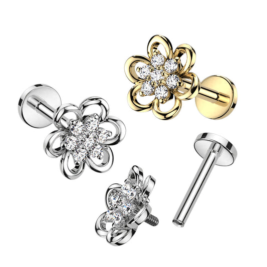 Surgical Steel Hollow Flower with CZ Center Internal Thread Labret