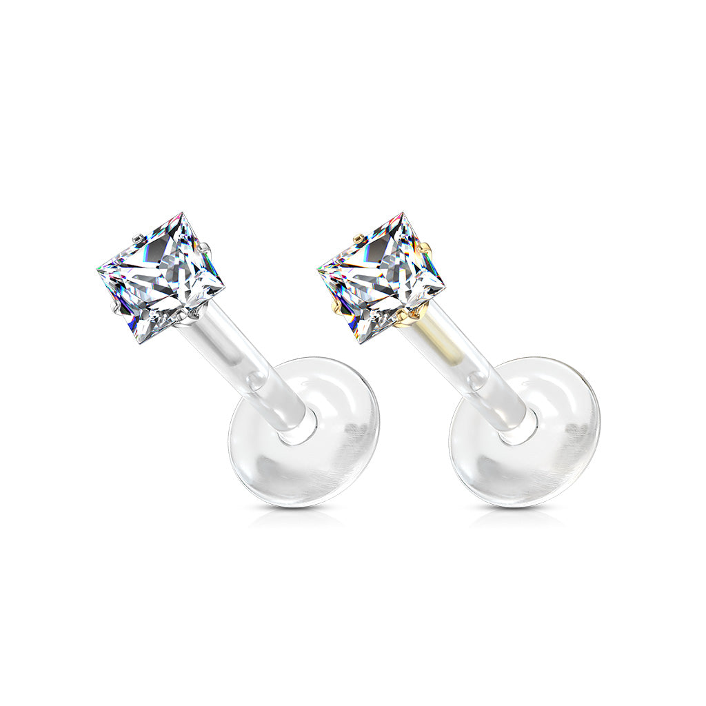 Threadless Bioflex Flat Back Labret Combo with Surgical Steel Prong Set Square CZ Push In Top